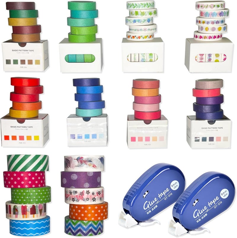 BLEDS 50 Rolls Washi Tape Set, Colored Decorative Washi Tapes Kit 15mm & 10mm Wide with 2 Adhesive Rollers, Masking Tapes for Decorative Craft Wrapping Planner Notebook Journaling Bullet - Image 1